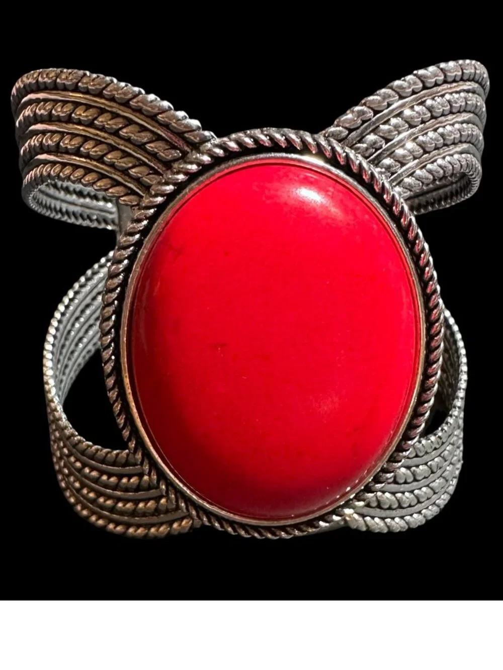 Boho Cuff Bracelet Silver Tone Red Stone Center Womens Costume Jewelry NWOT